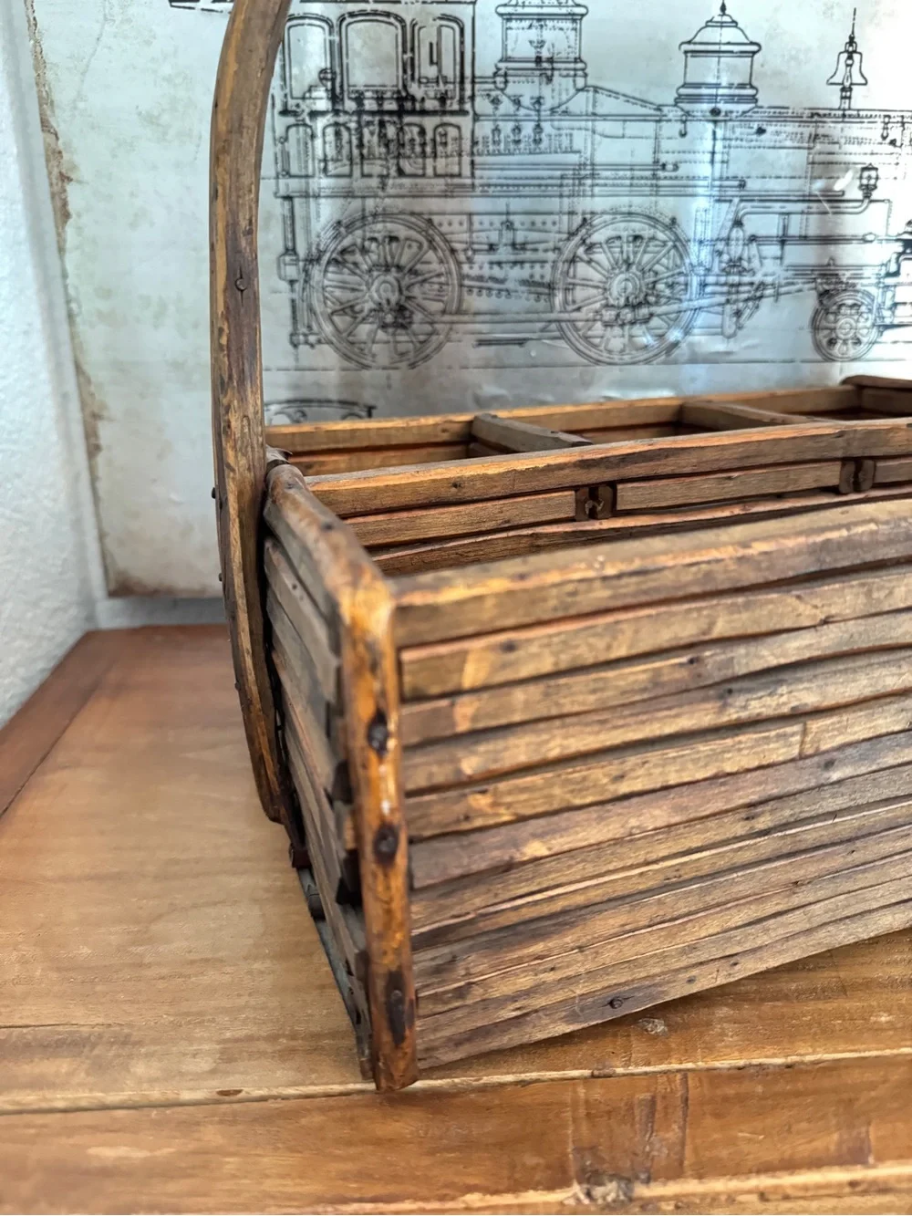 Vintage Farmhouse Wood Wicker Basket Woven Condiments Flatware Organizer Holder